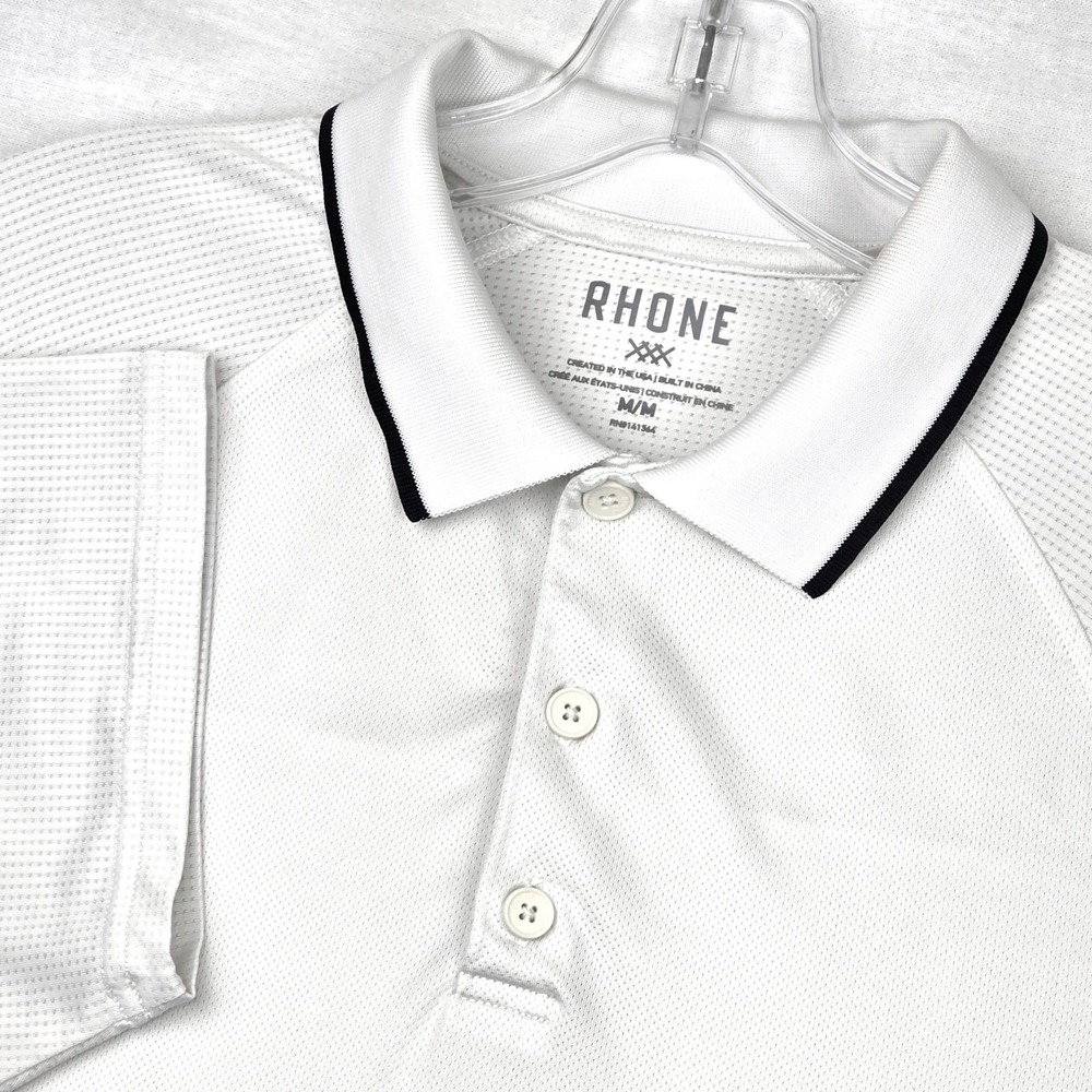 Rhone Polo Shirt Men's Medium White Short Sleeve Tipped Collar Performance Mesh